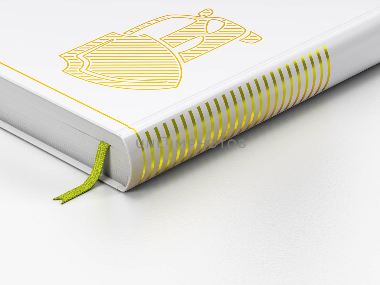 Insurance concept: closed book with Gold Car And Shield icon on floor, white background, 3D rendering