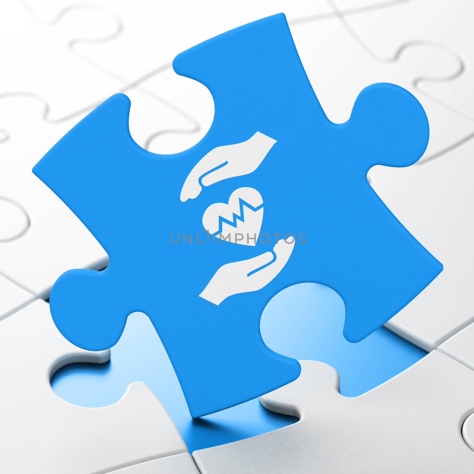 Insurance concept: Heart And Palm on Blue puzzle pieces background, 3D rendering