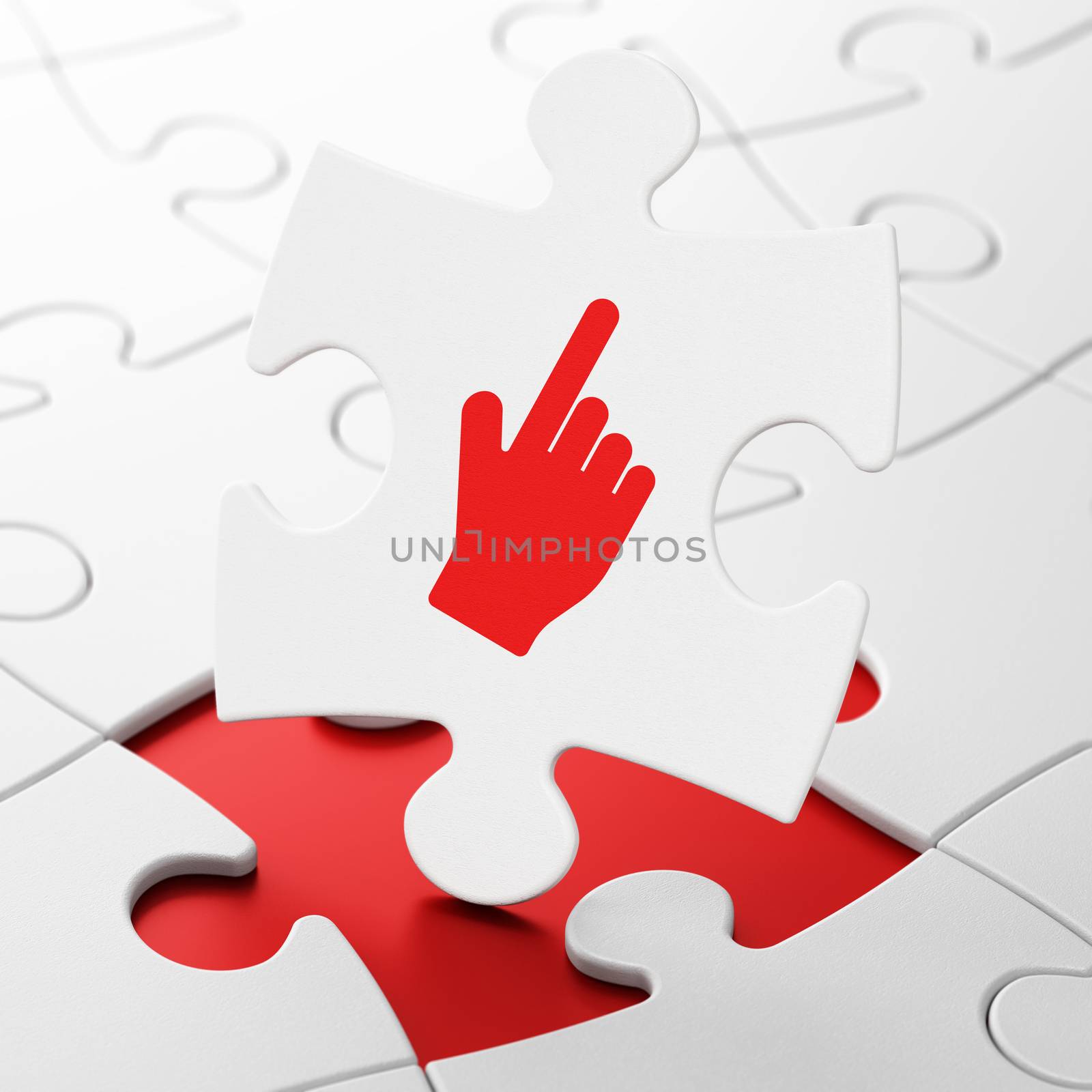 Social media concept: Mouse Cursor on White puzzle pieces background, 3D rendering