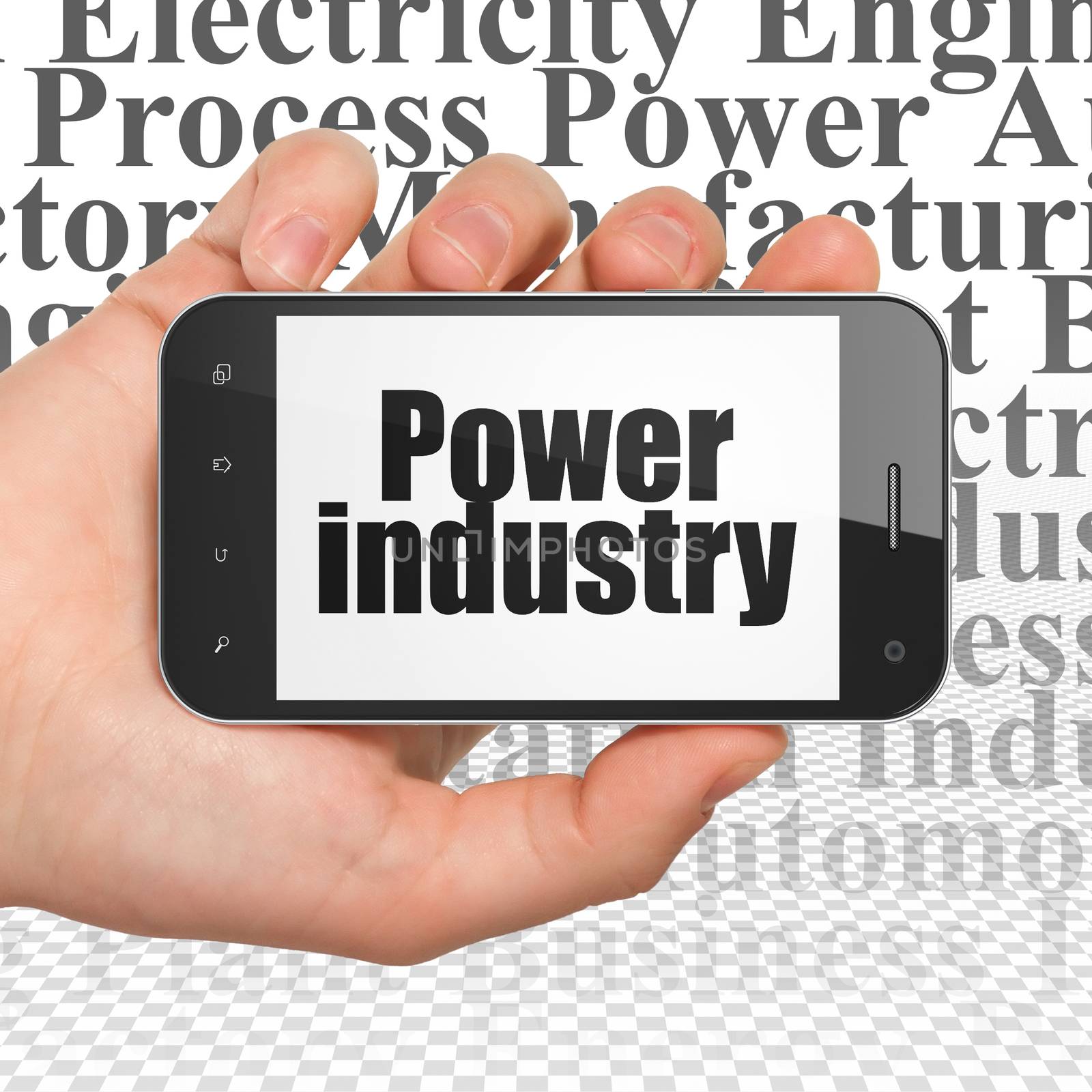 Manufacuring concept: Hand Holding Smartphone with  black text Power Industry on display,  Tag Cloud background, 3D rendering