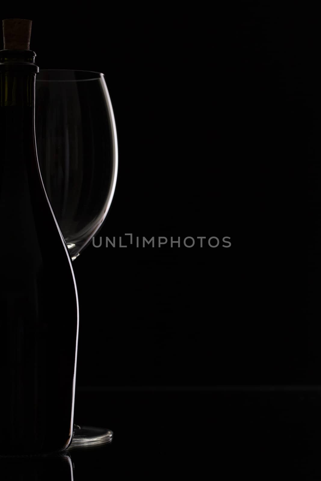Silhouette bottle and glass on the black background