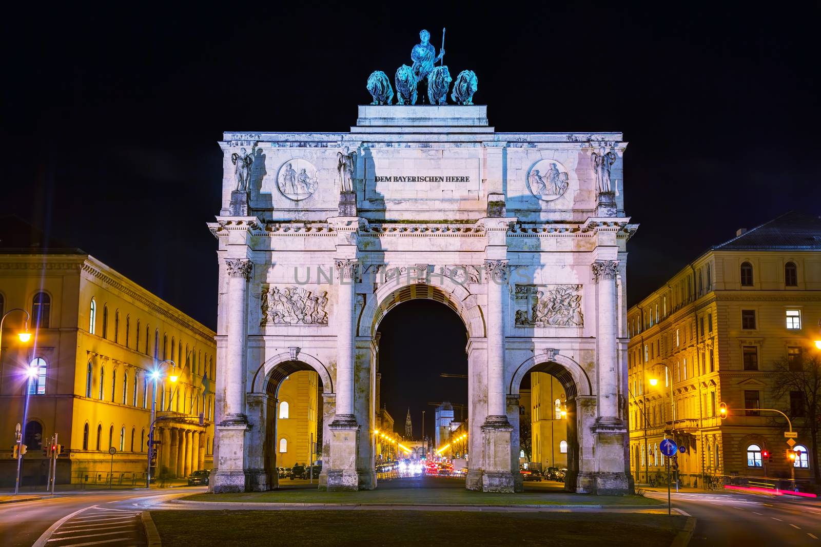 Victory Gate triumphal arch (Siegestor) in Munich, Germany at night