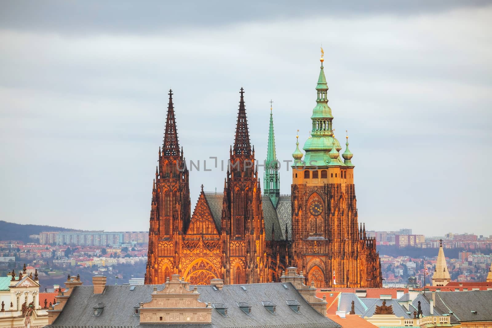 Overview of Prague with St Vitus Cathedral at sunset