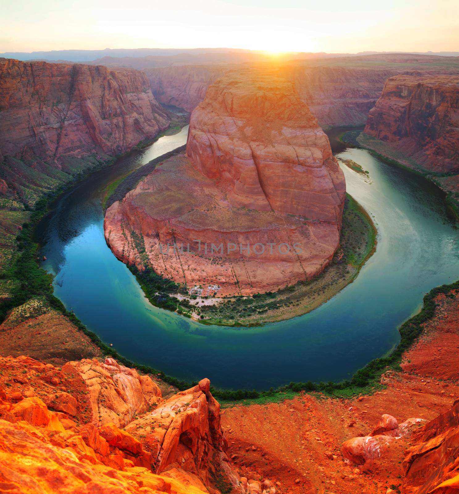 Panoramic overview of Horseshoe Bend near Page, Arizona by AndreyKr