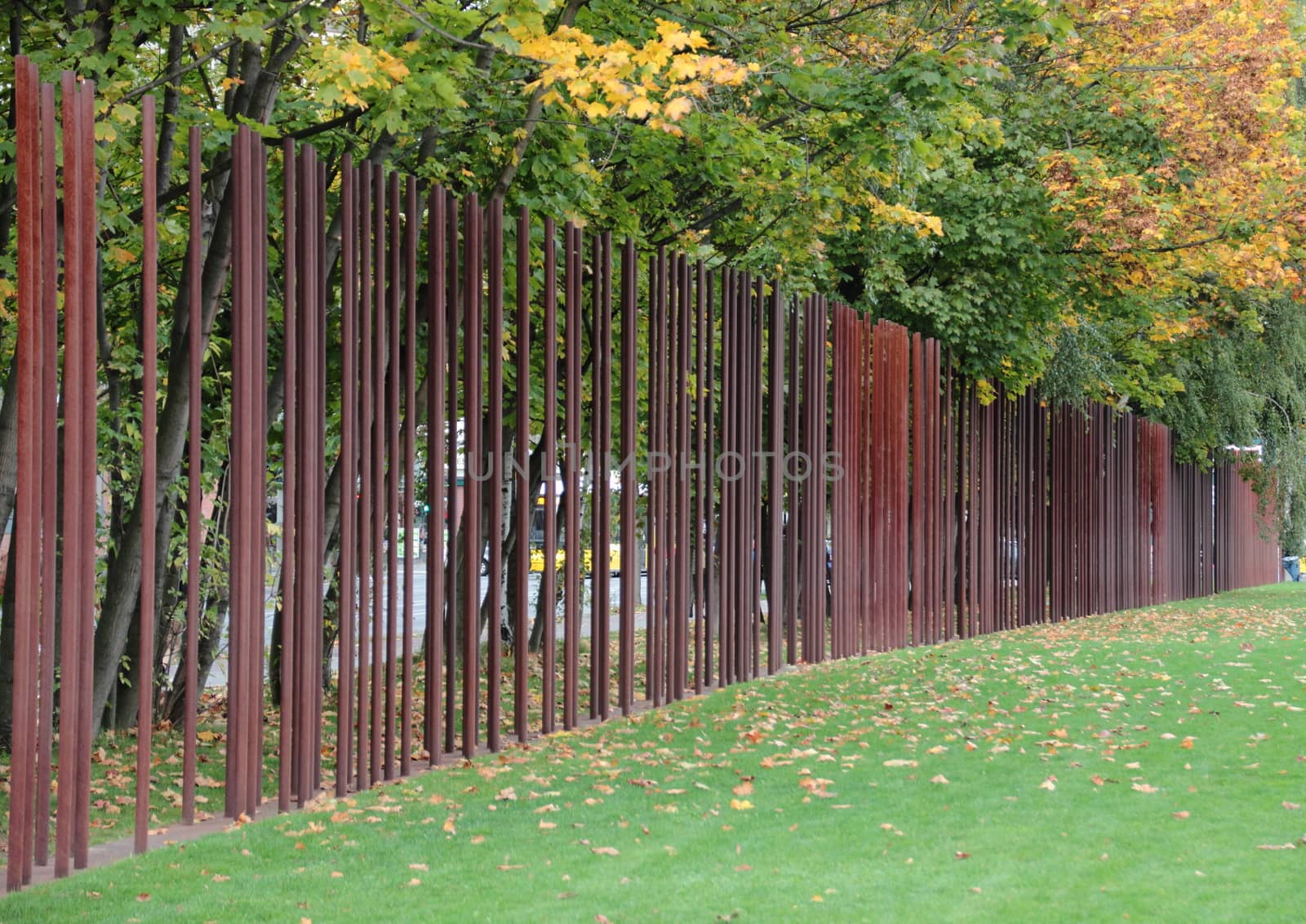 Berlin wall memorial Germany with iron markers  in autumn