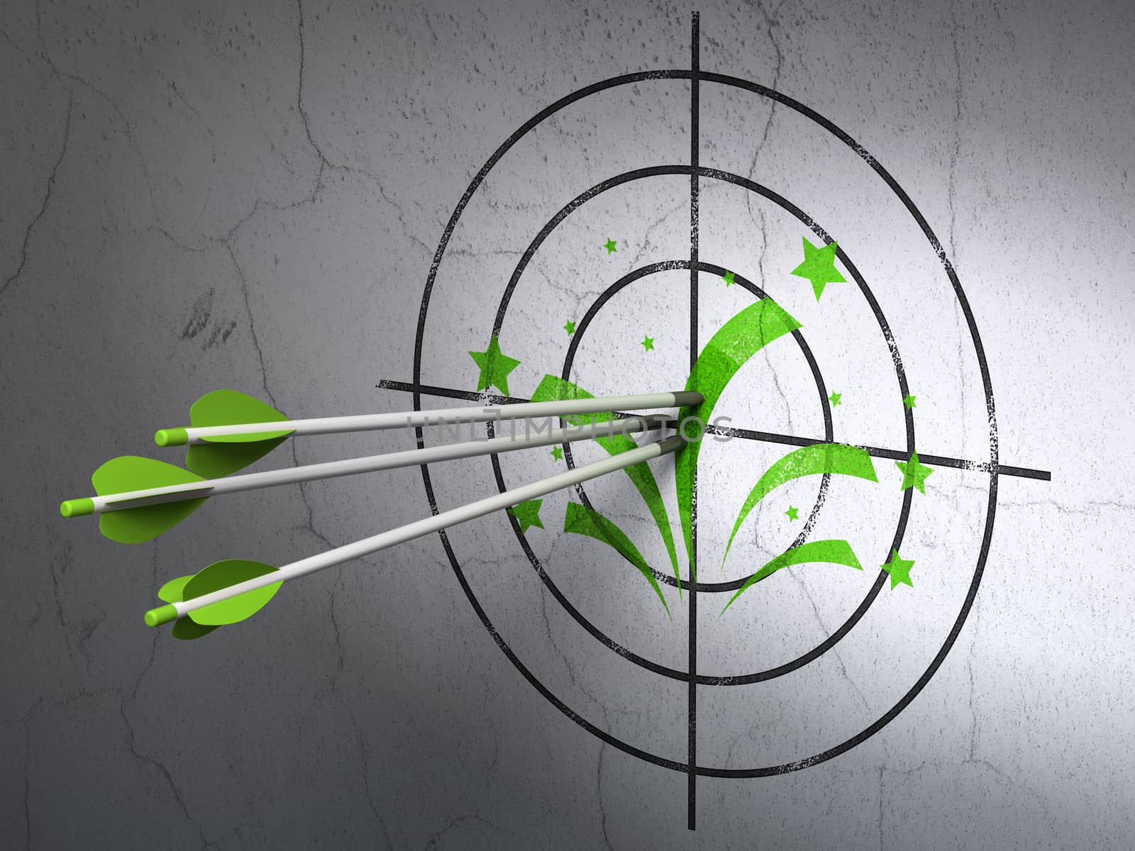 Success holiday concept: arrows hitting the center of Green Fireworks target on wall background, 3D rendering