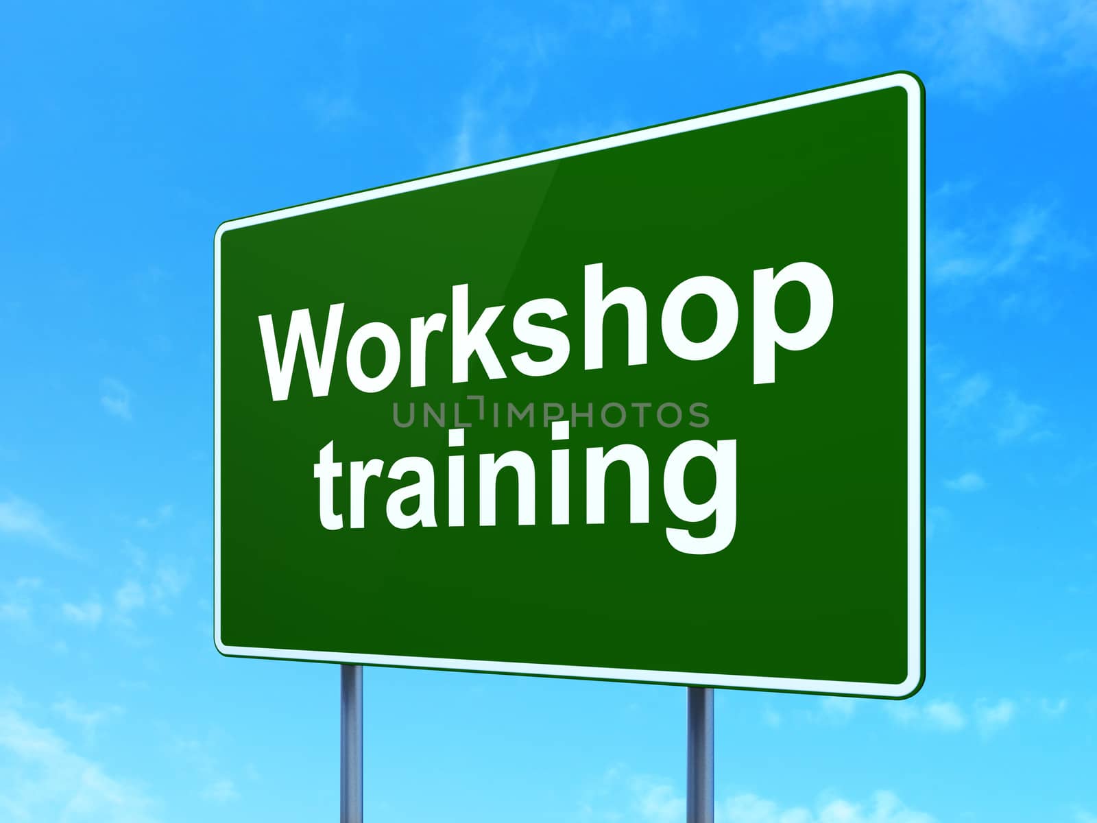 Learning concept: Workshop Training on green road highway sign, clear blue sky background, 3D rendering