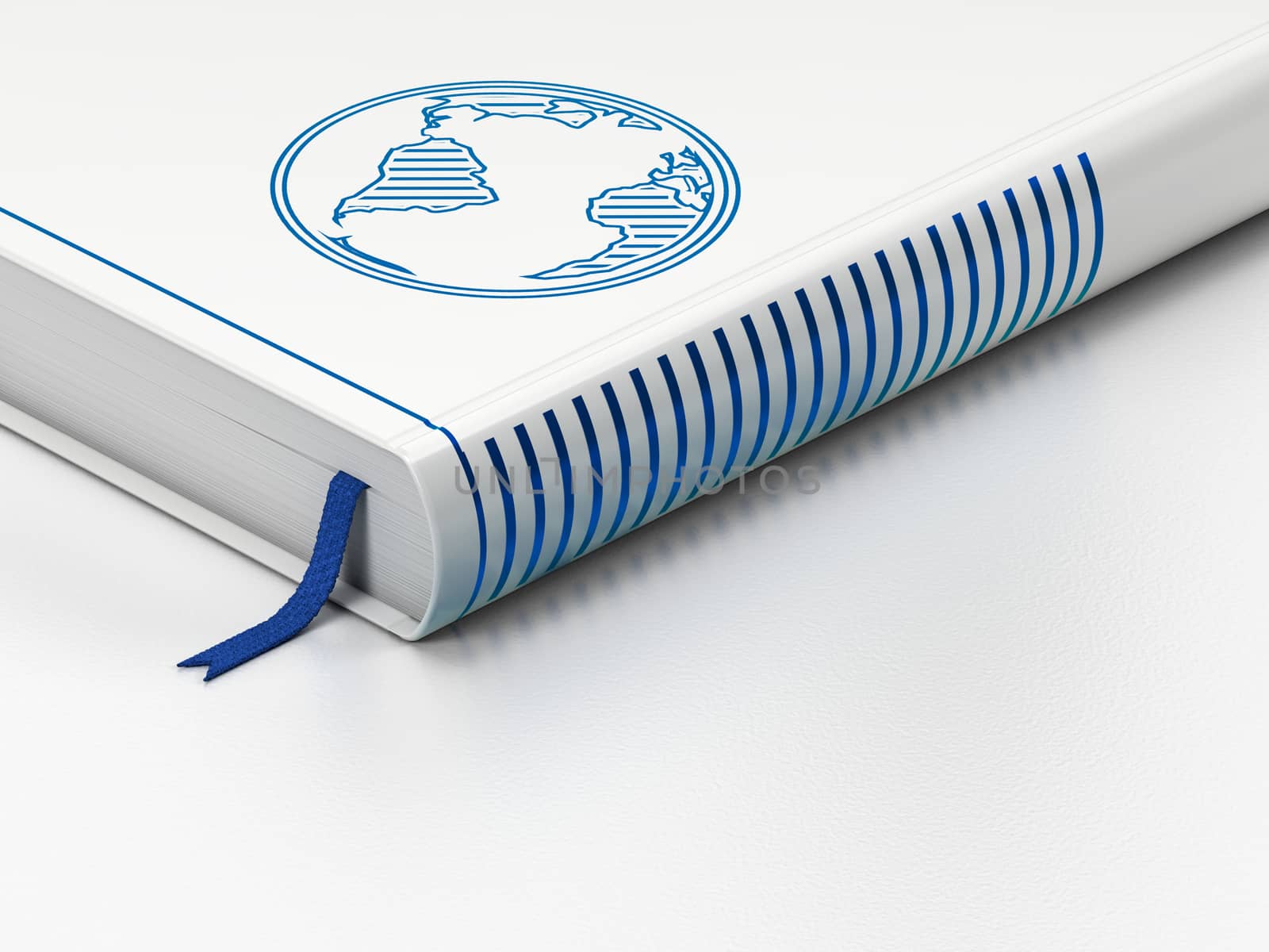 Learning concept: closed book with Blue Globe icon on floor, white background, 3D rendering