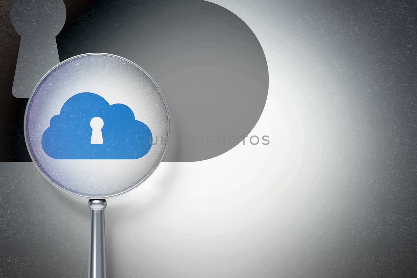 Cloud computing concept: magnifying optical glass with Cloud With Keyhole icon on digital background, empty copyspace for card, text, advertising, 3D rendering