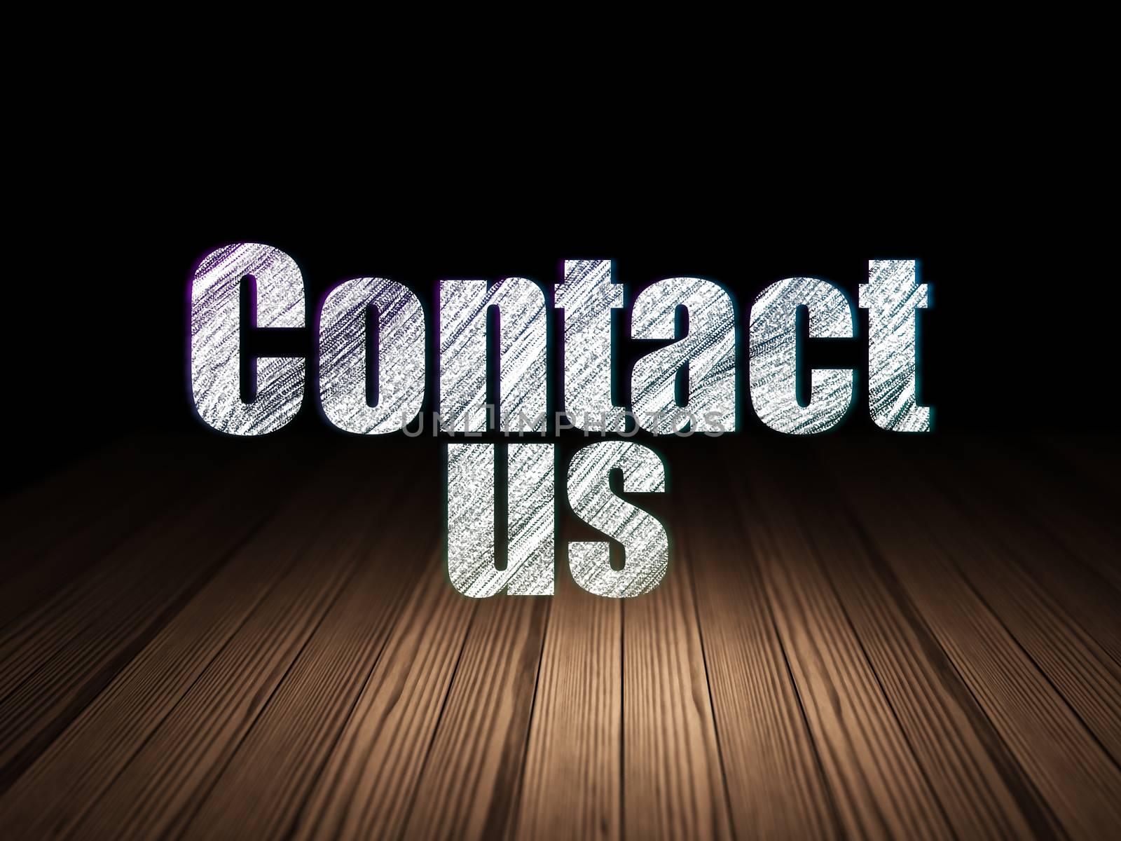 Advertising concept: Glowing text Contact Us in grunge dark room with Wooden Floor, black background