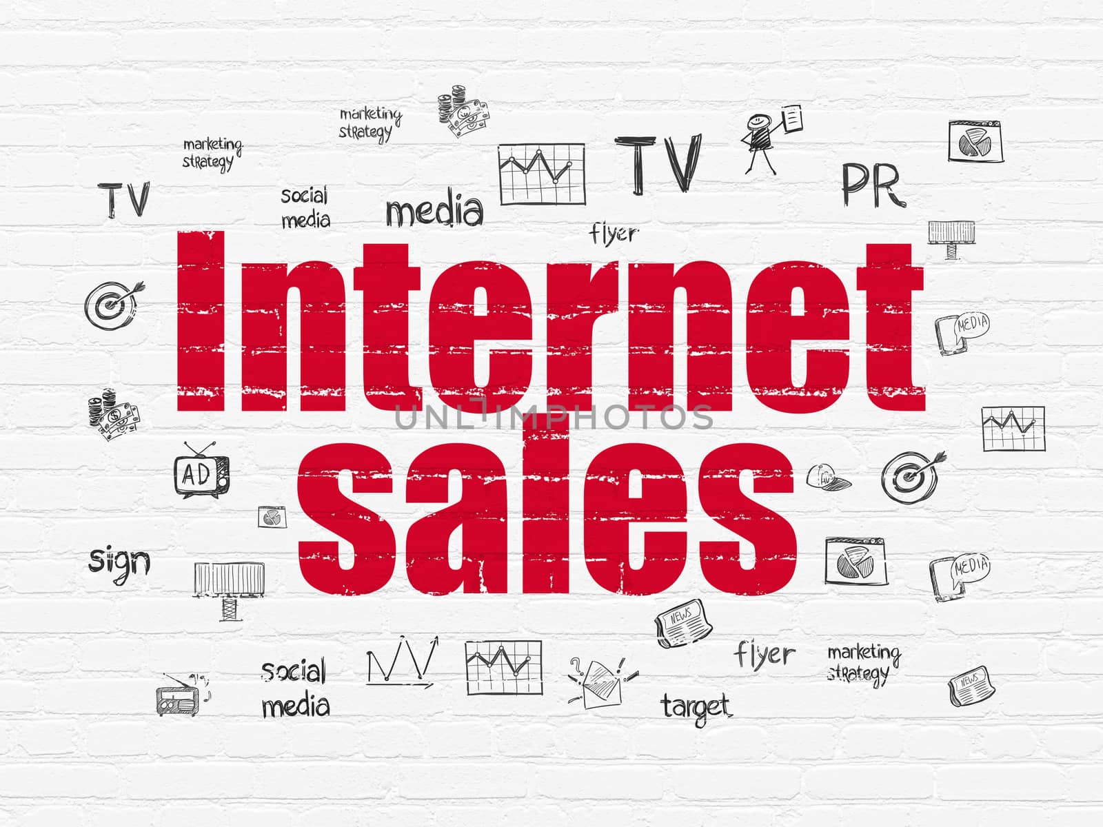 Marketing concept: Painted red text Internet Sales on White Brick wall background with  Hand Drawn Marketing Icons