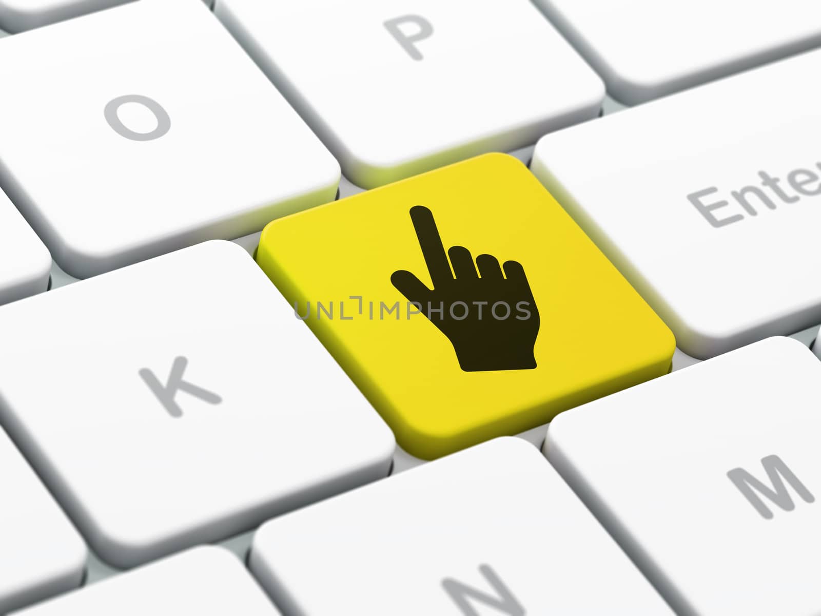 Web design concept: computer keyboard with Mouse Cursor icon on enter button background, selected focus, 3D rendering