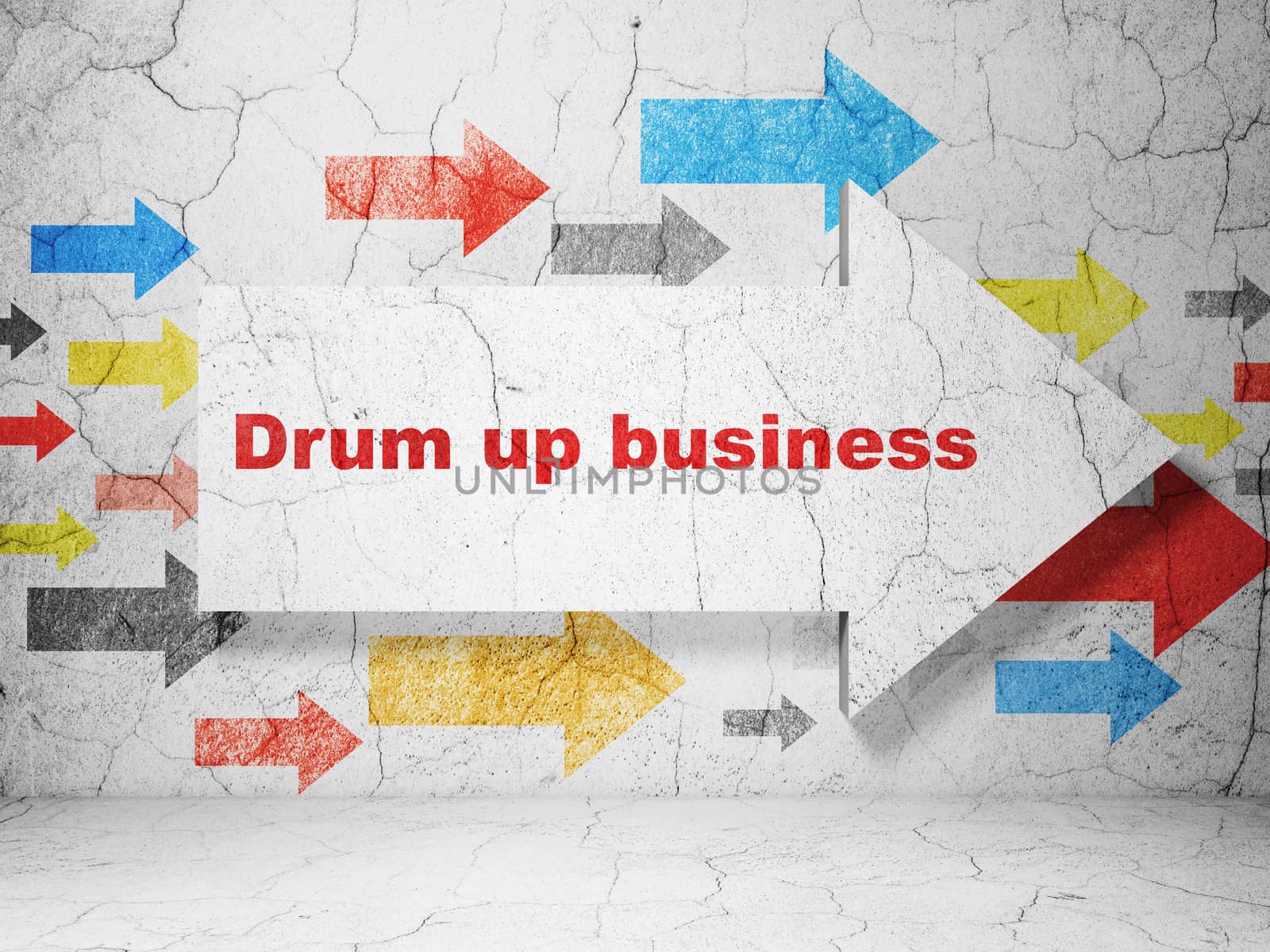 Business concept:  arrow with Drum up business on grunge textured concrete wall background, 3D rendering