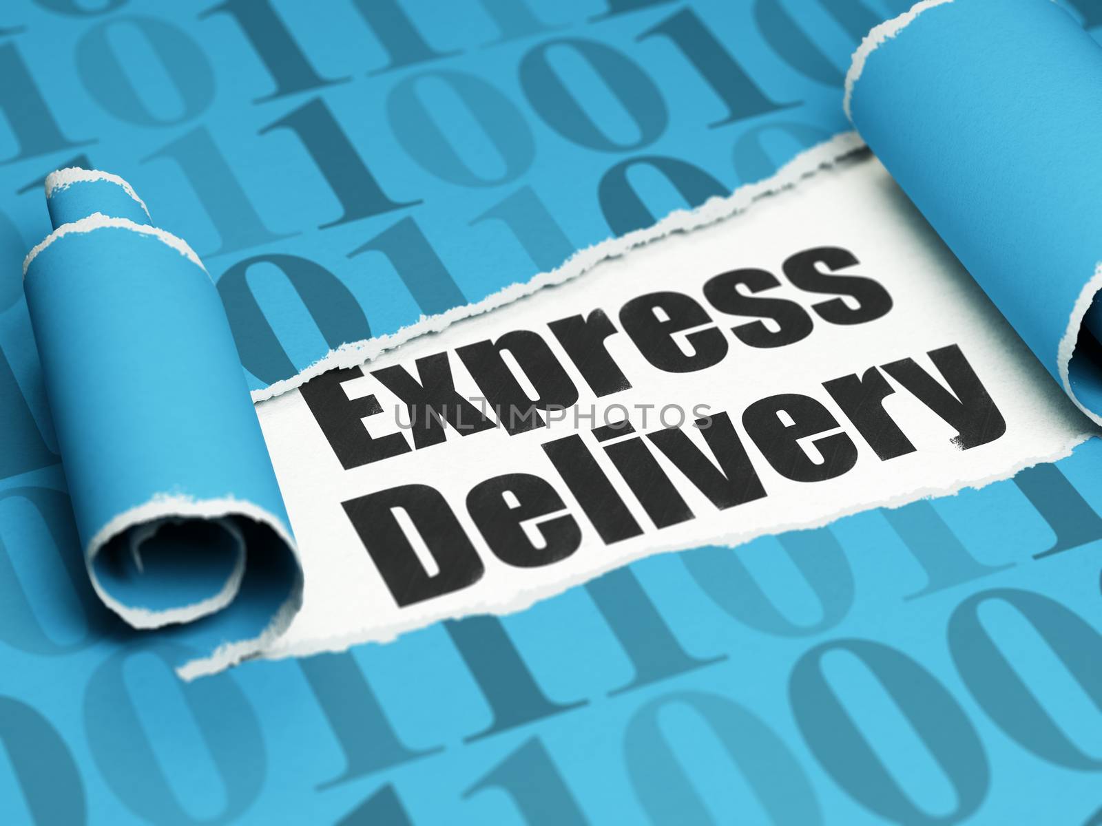 Business concept: black text Express Delivery under the curled piece of Blue torn paper with  Binary Code, 3D rendering