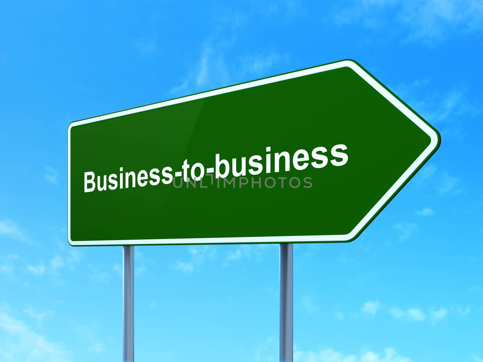 Business concept: Business-to-business on green road highway sign, clear blue sky background, 3D rendering