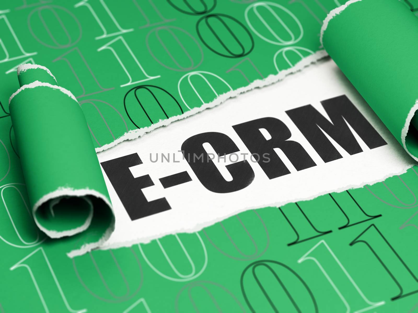 Business concept: black text E-CRM under the curled piece of Green torn paper with  Binary Code, 3D rendering