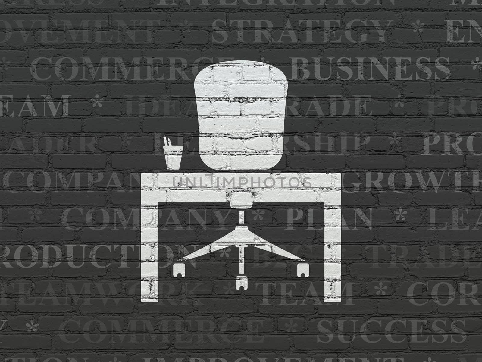 Finance concept: Painted white Office icon on Black Brick wall background with  Tag Cloud