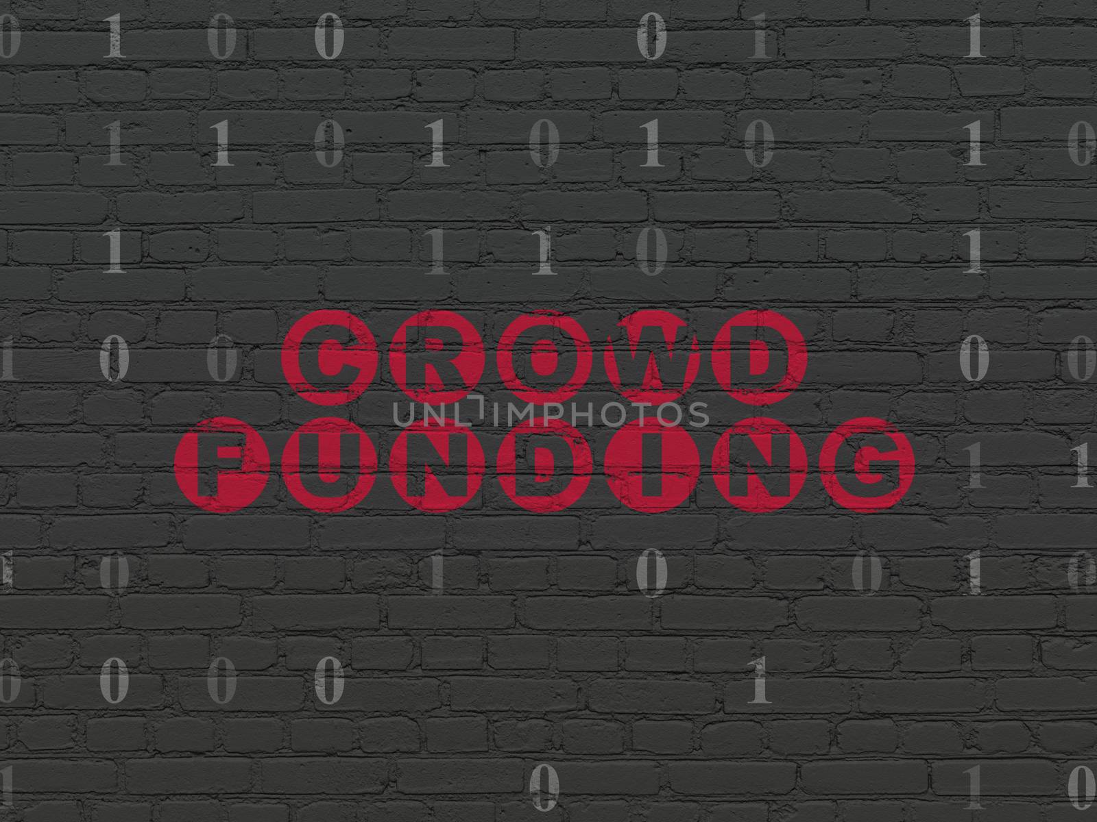 Finance concept: Painted red text Crowd Funding on Black Brick wall background with Binary Code