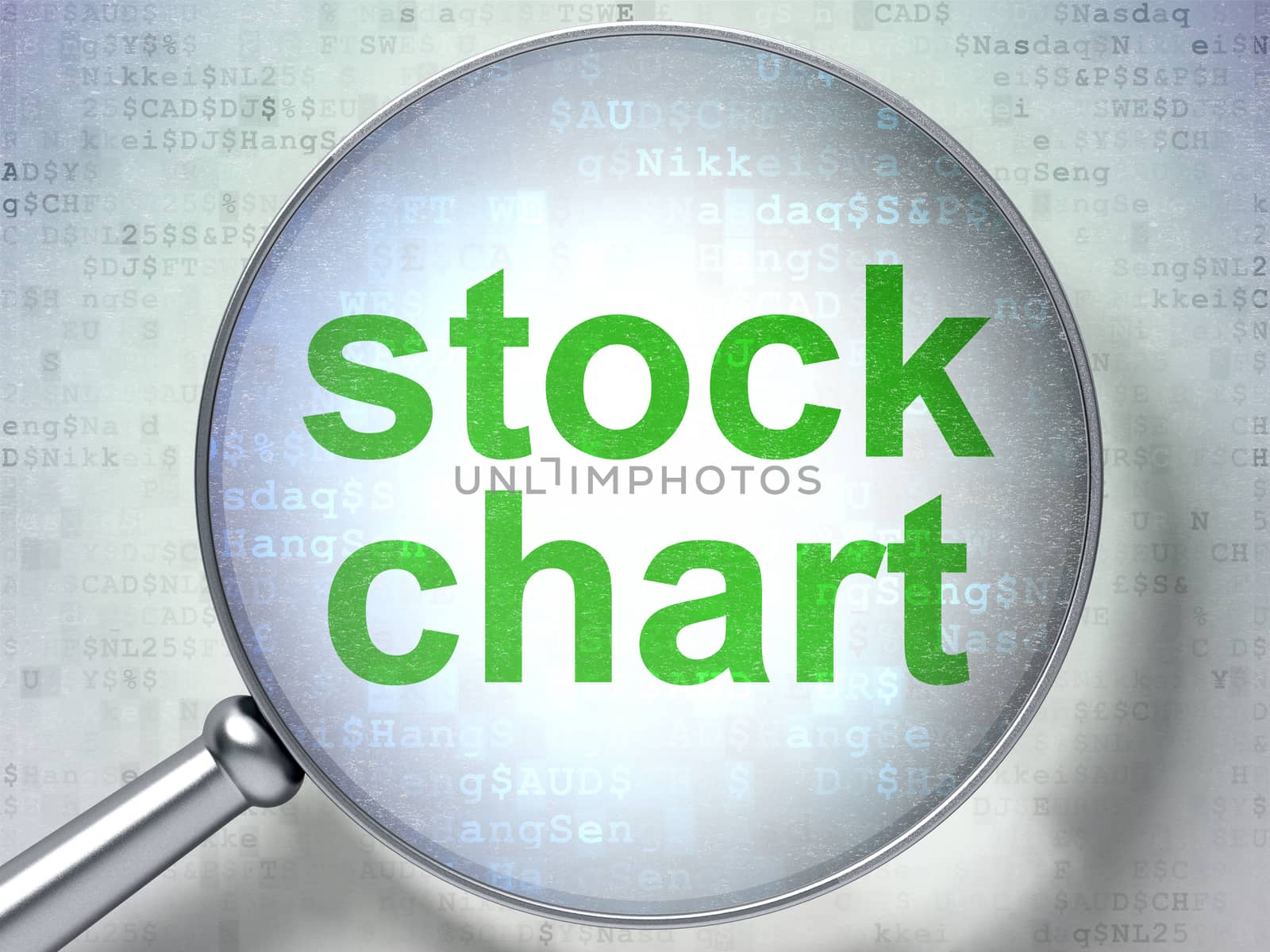 Finance concept: magnifying optical glass with words Stock Chart on digital background, 3D rendering