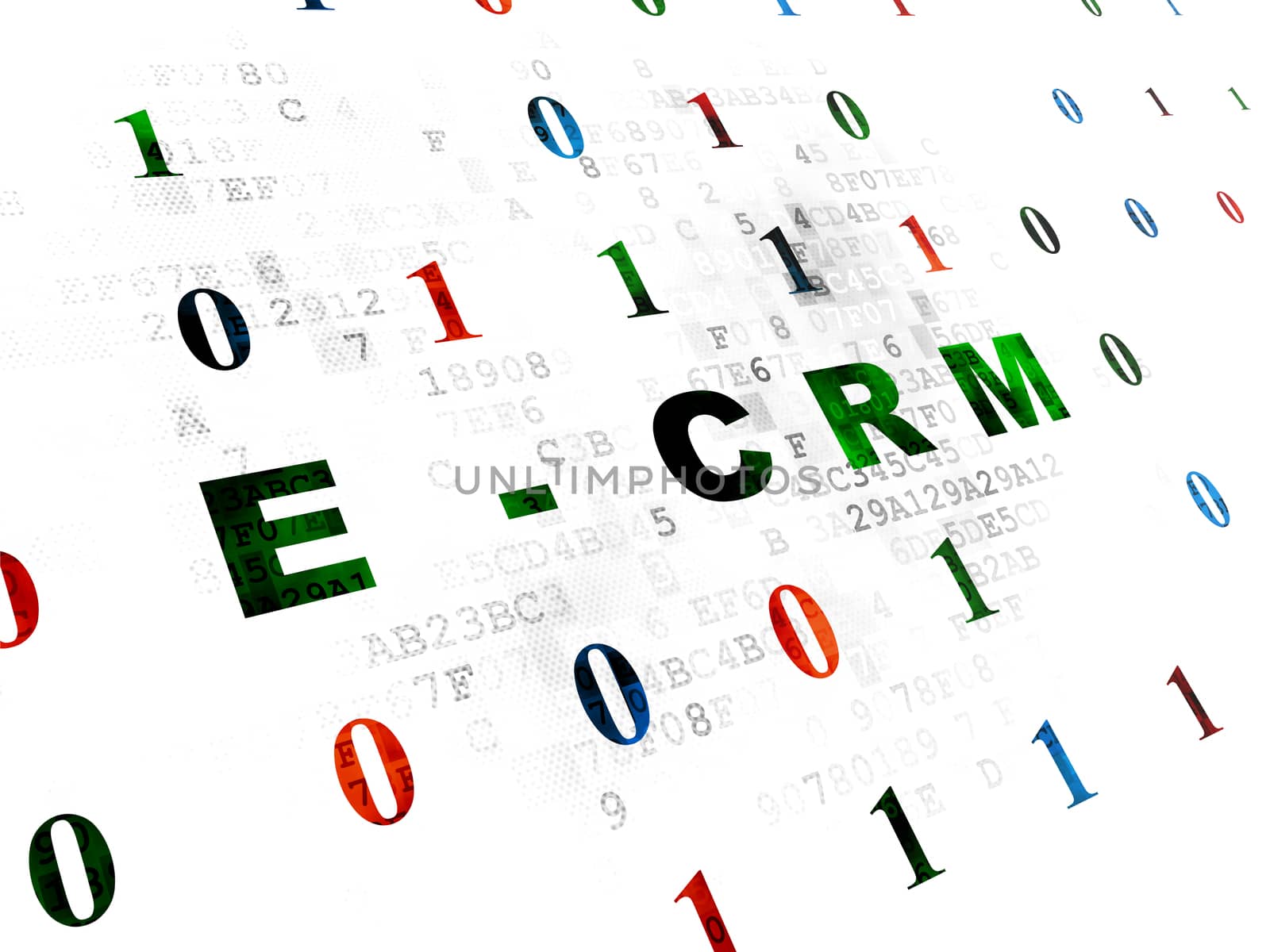 Business concept: Pixelated green text E-CRM on Digital wall background with Binary Code
