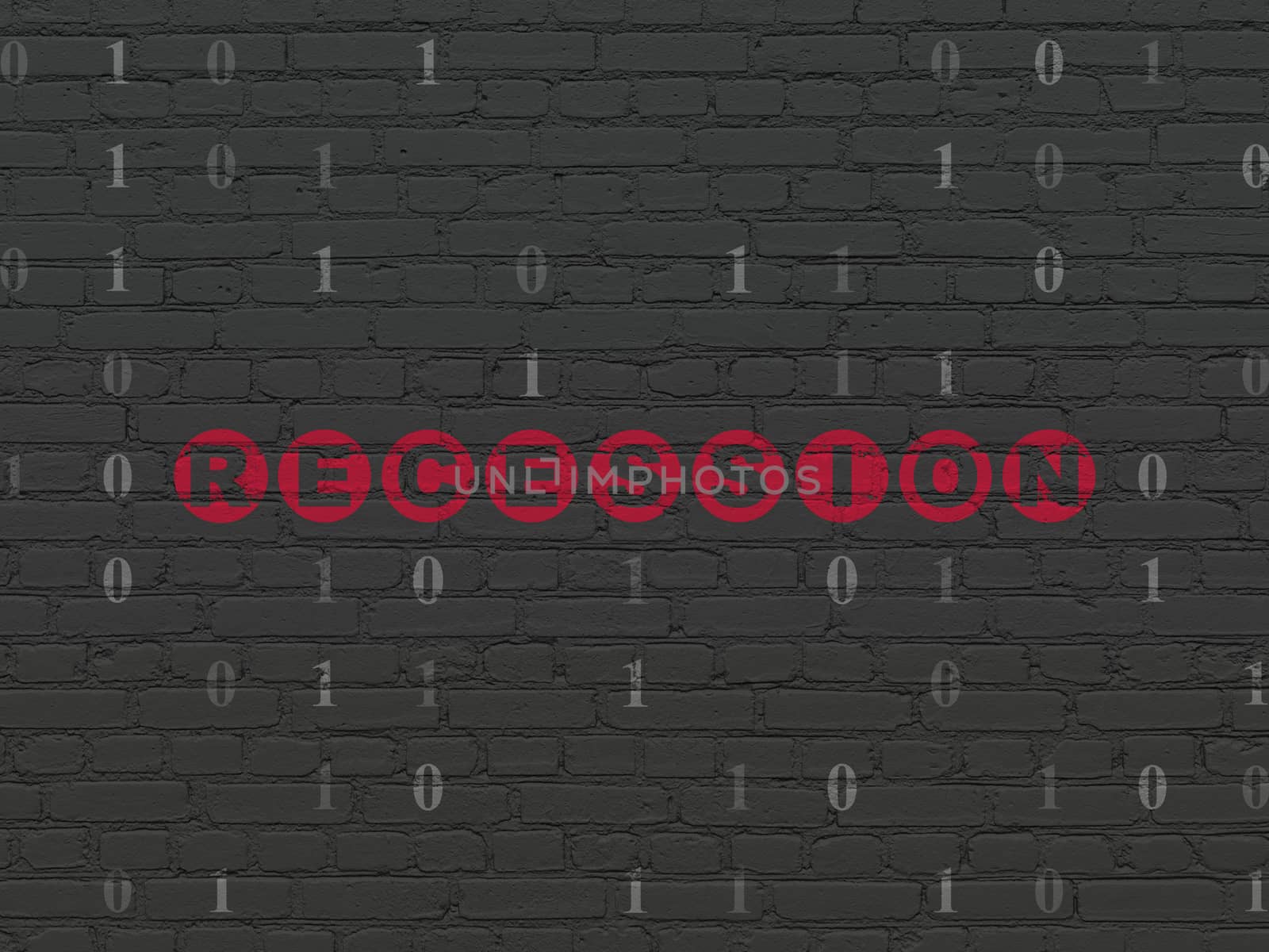 Finance concept: Painted red text Recession on Black Brick wall background with Binary Code