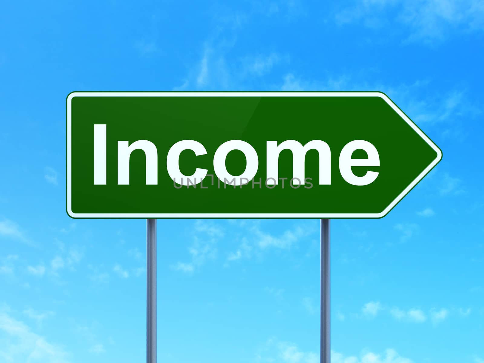 Finance concept: Income on green road highway sign, clear blue sky background, 3D rendering