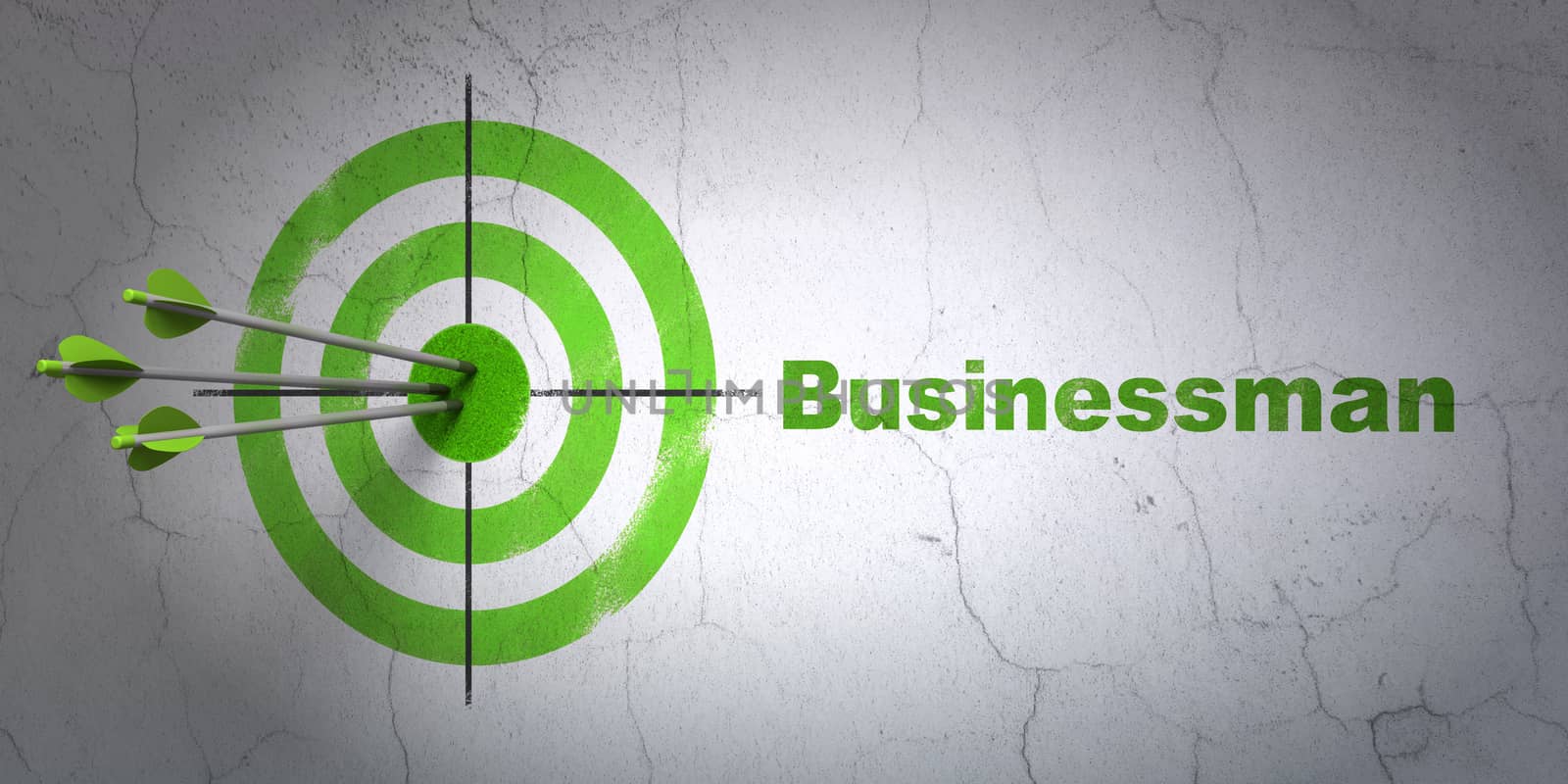 Success business concept: arrows hitting the center of target, Green Businessman on wall background, 3D rendering