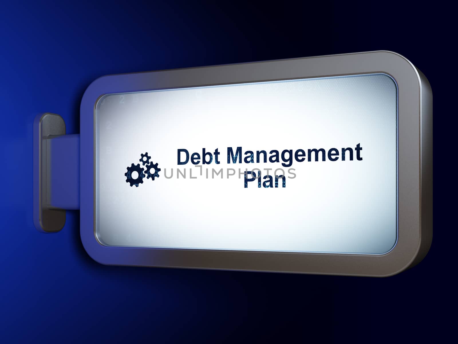 Business concept: Debt Management Plan and Gears on advertising billboard background, 3D rendering