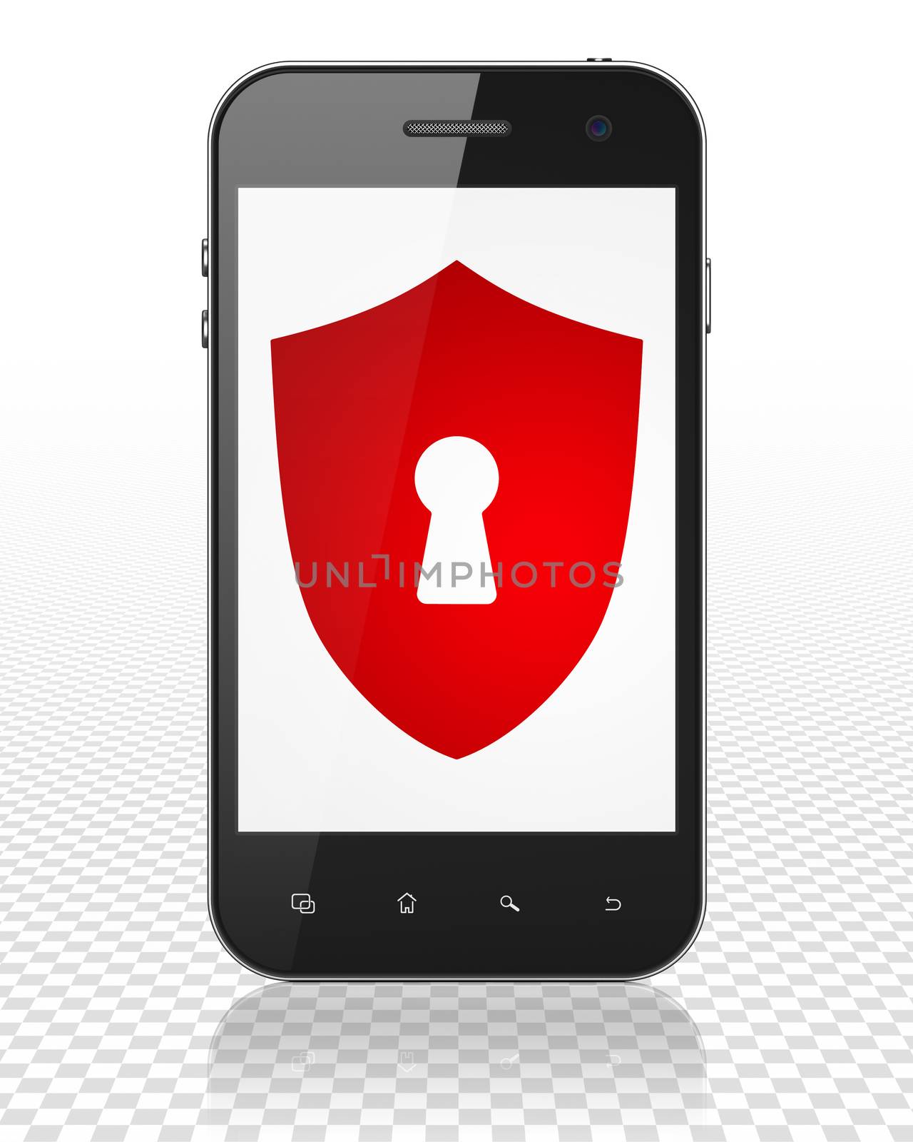 Security concept: Smartphone with red Shield With Keyhole icon on display, 3D rendering