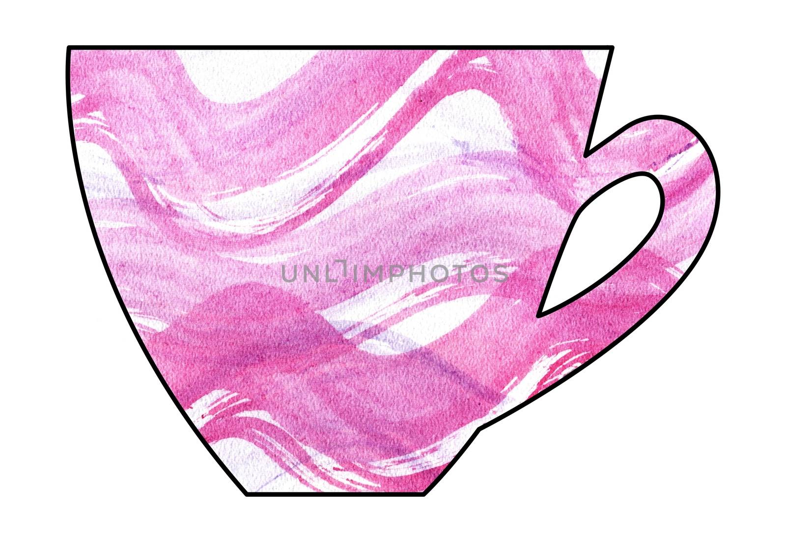 Cup of tea and coffee. Handmade. Watercolor Mixed media. Cut paper. Tea time. Pink