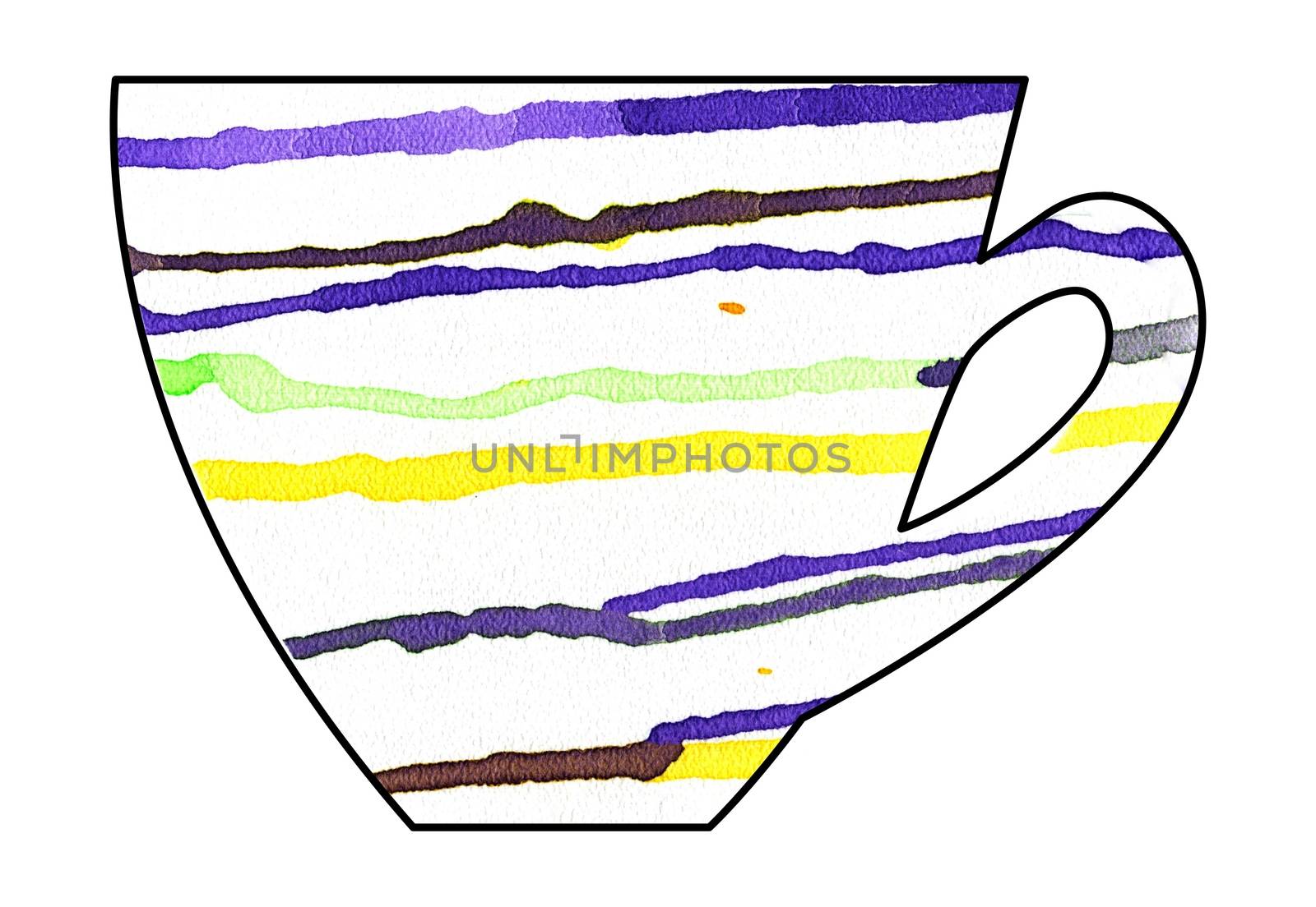 Cup of tea and coffee. Handmade. Watercolor Mixed media. Cut paper. Tea time. Yellow Purple White