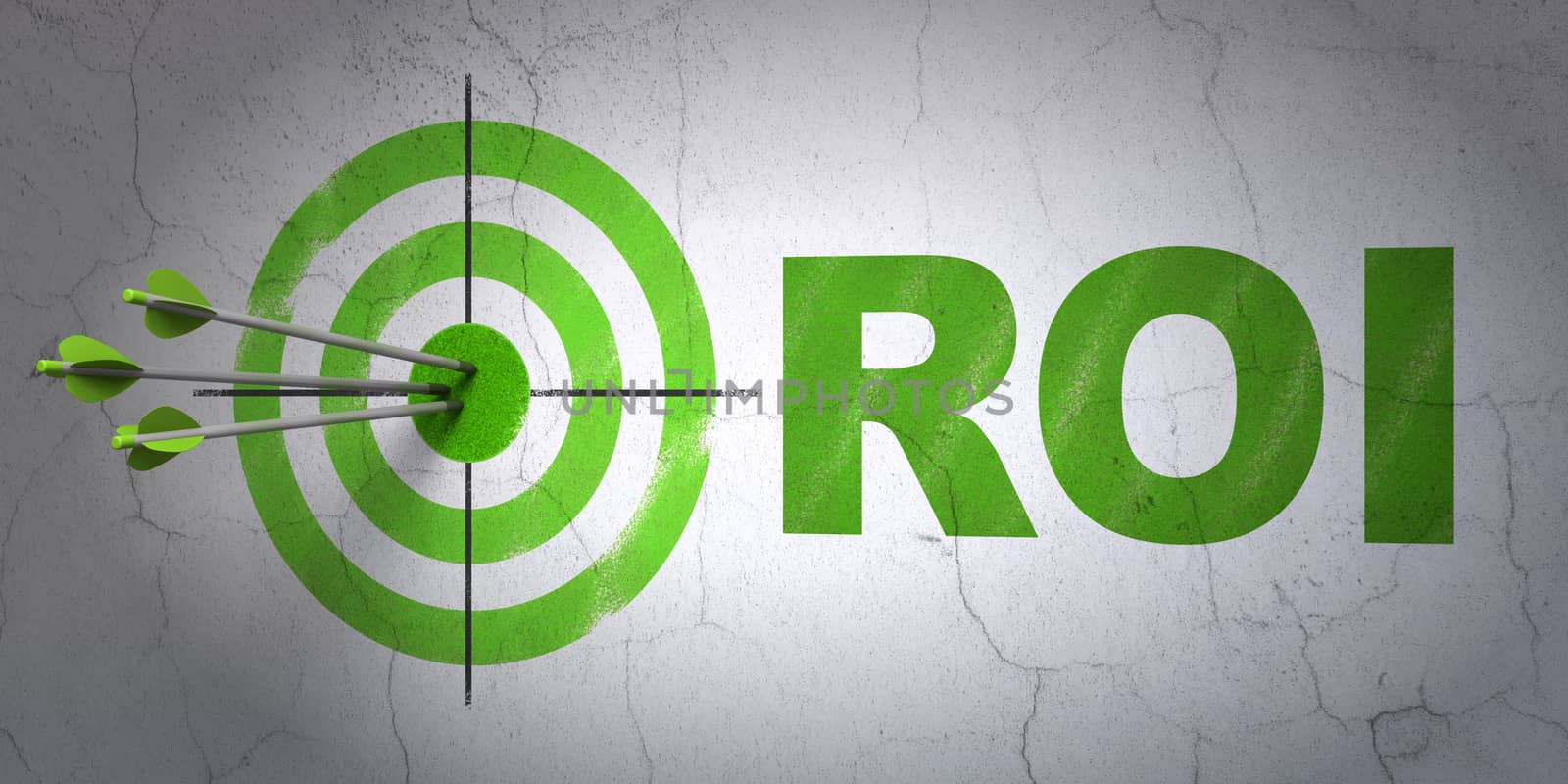 Success finance concept: arrows hitting the center of target, Green ROI on wall background, 3D rendering