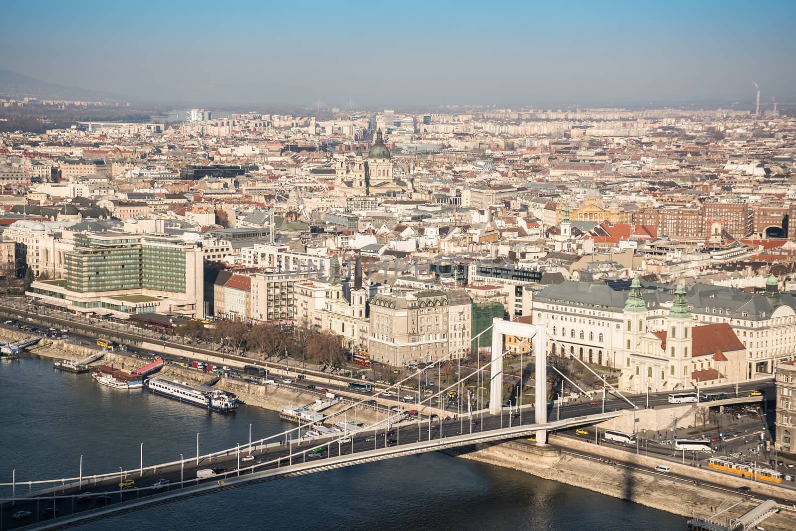 Aerial View of Budapest and the Danube River with Elisabeth Bridge as Seen from Gellert Hill Lookout Point