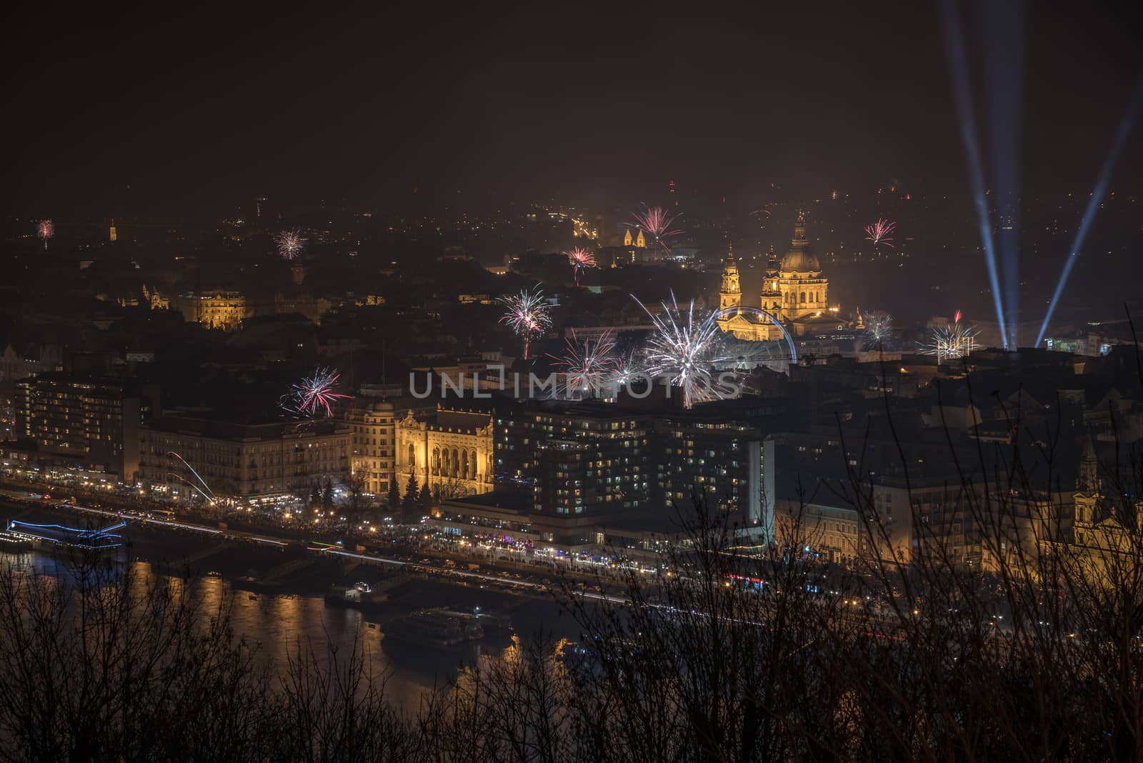 New Year Celebration. Fireworks over Budapest, Hungary.