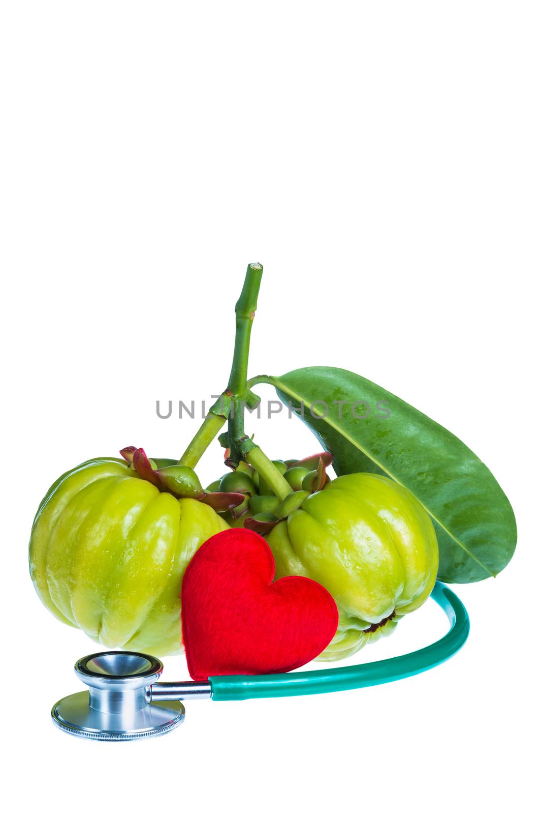 Still life garcinia atroviridis fresh fruit, red heart-shaped and stethoscope. Isolated on white background. Thai herb and sour flavor lots of vitamin C for good health. Extract as a weight loss product.