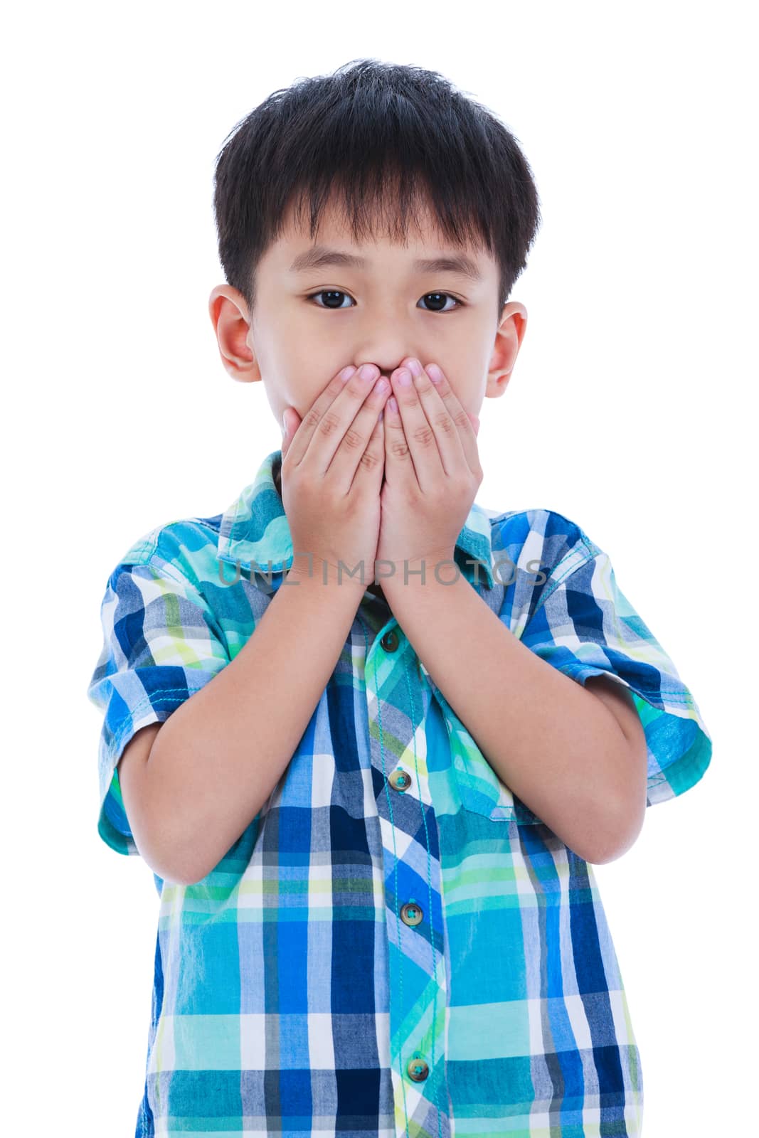 Portrait of asian handsome boy covering his mouth. Isolated on white background. Negative human emotion, facial expression feeling reaction. Studio shot.