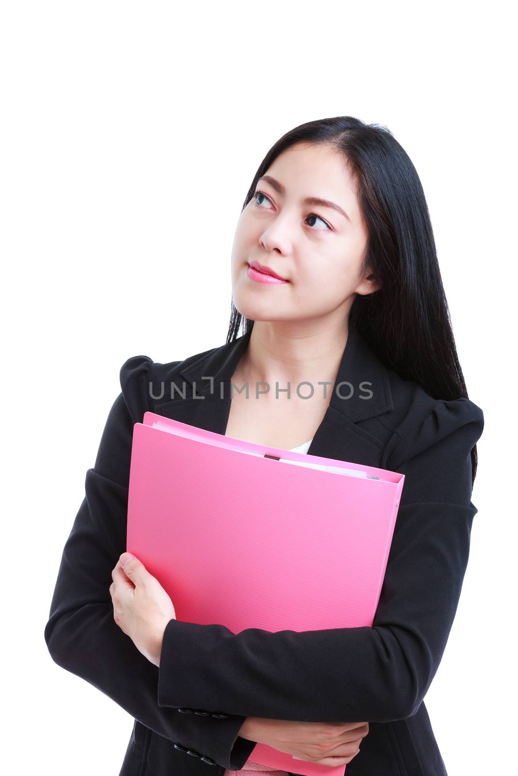 Successful asian woman looking confident thoughtful. Businesswoman holding document folder and looking up, isolated on white background. Studio shot.