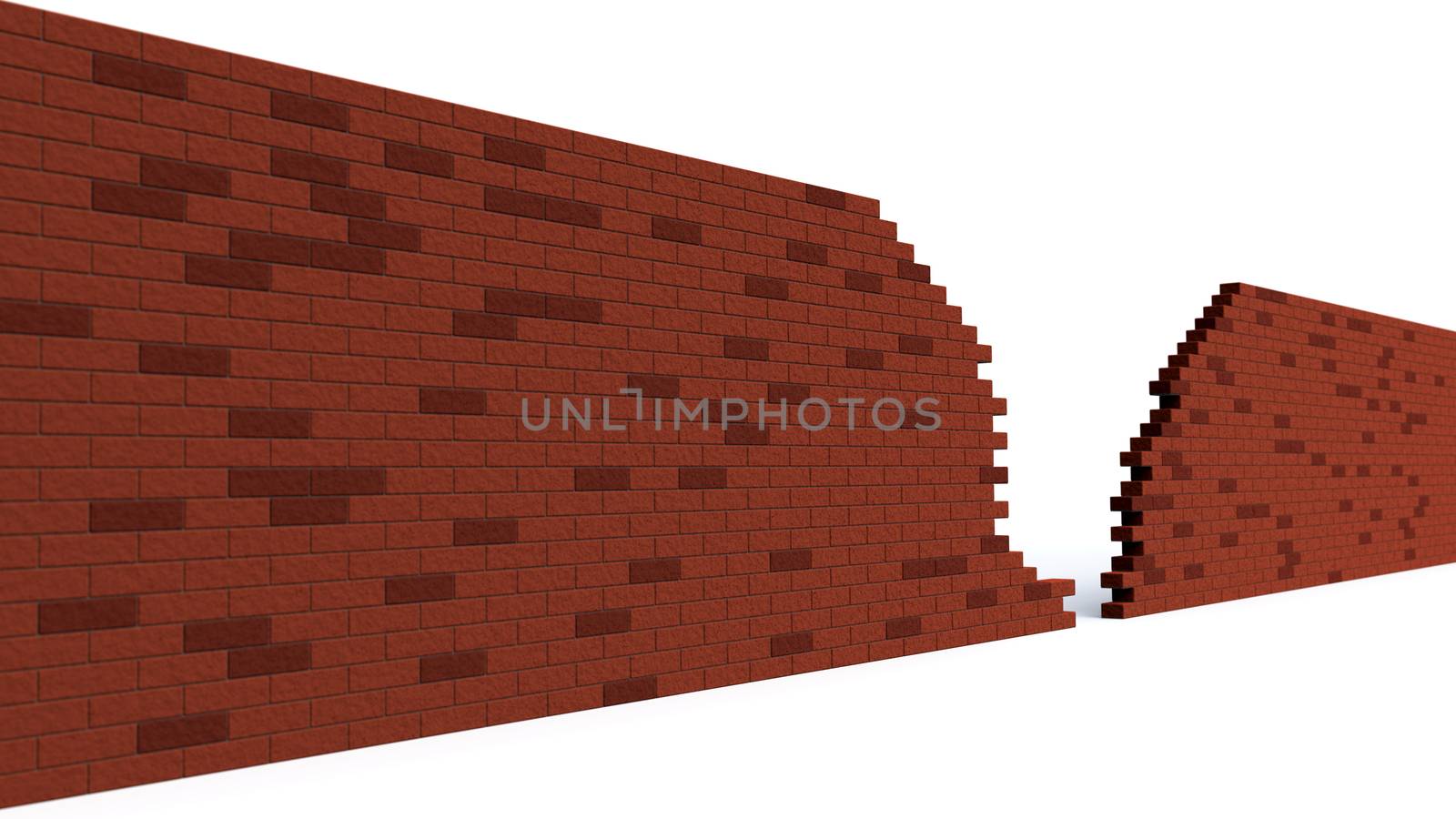 hole in a red brick wall breaking. 3d clip art illustration