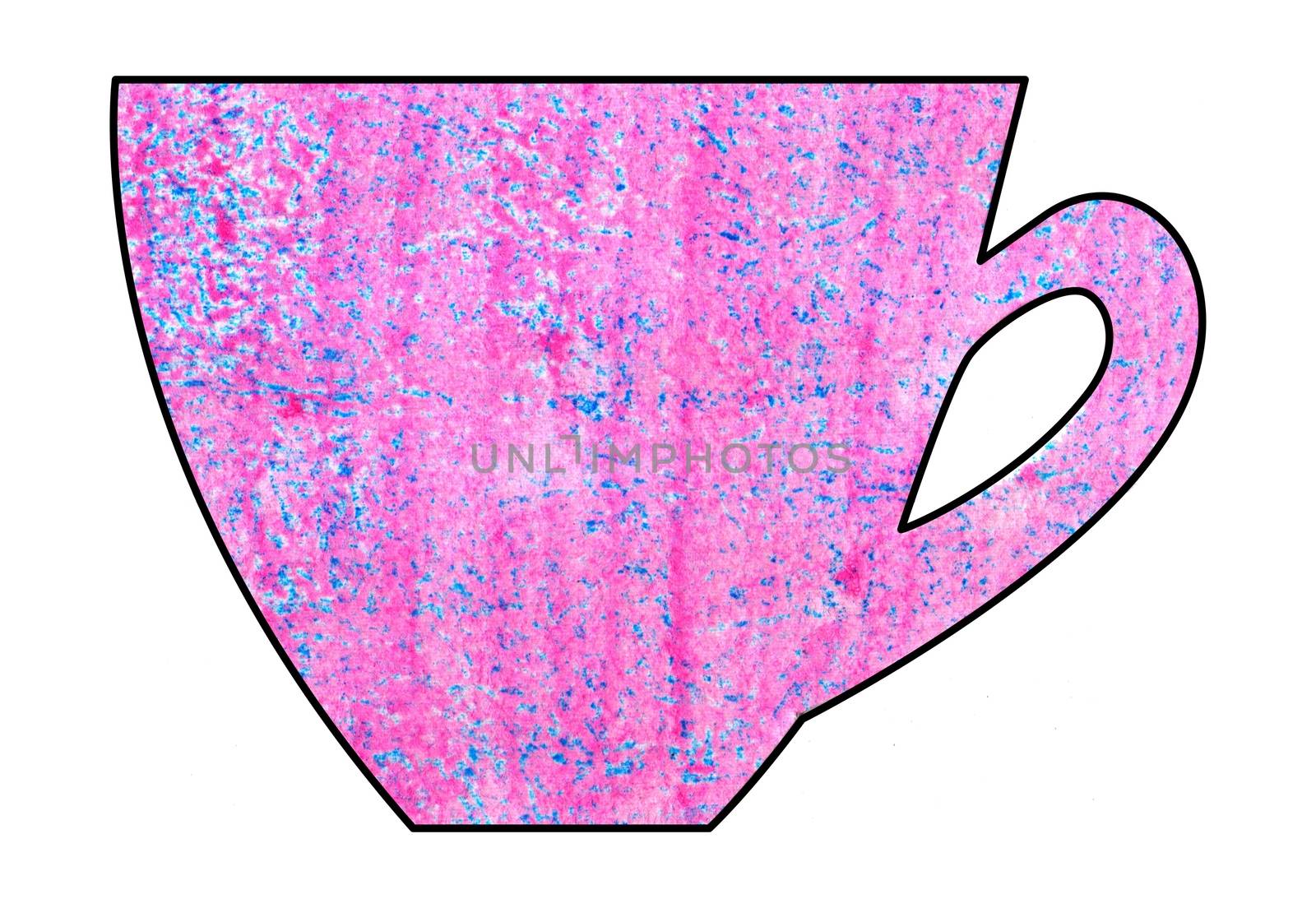 Cup of tea and coffee. Handmade. Watercolor, Mixed media. Cut paper. Tea time. Pink Blue