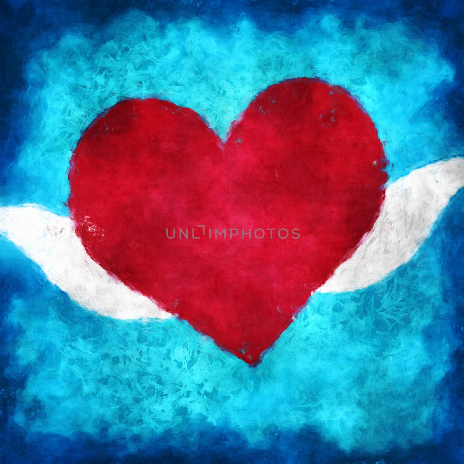 Illustration of a flying red heart with white wings