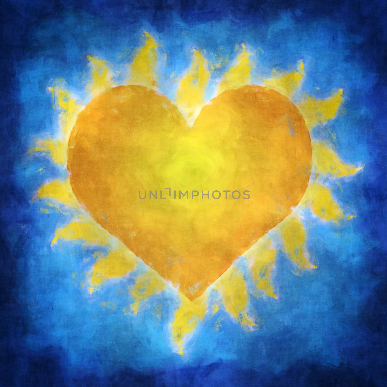 Illustration of a yellow heart which is a sun in blue sky