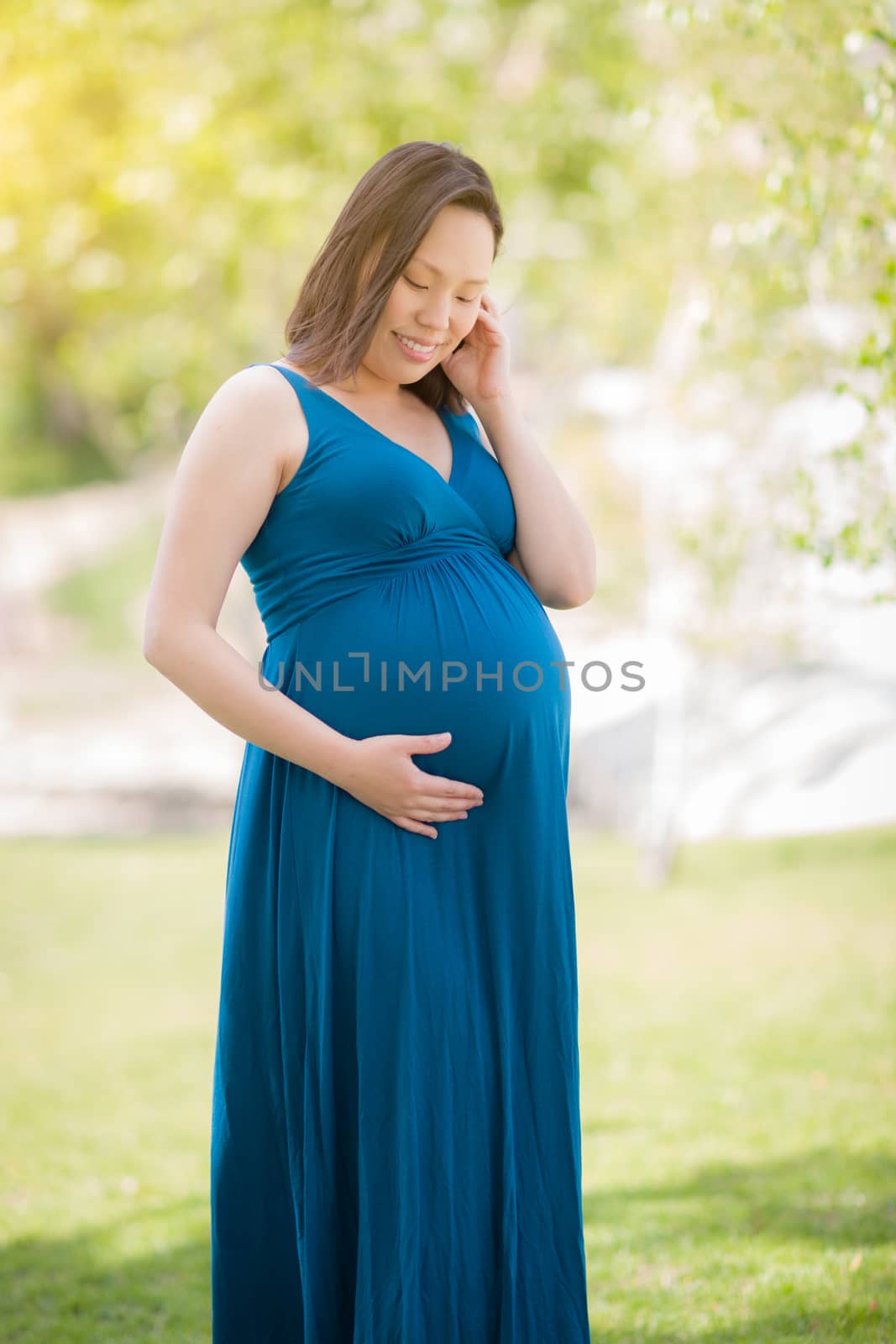 Portrait of Happy Young Pregnant Chinese Woman in the Park.