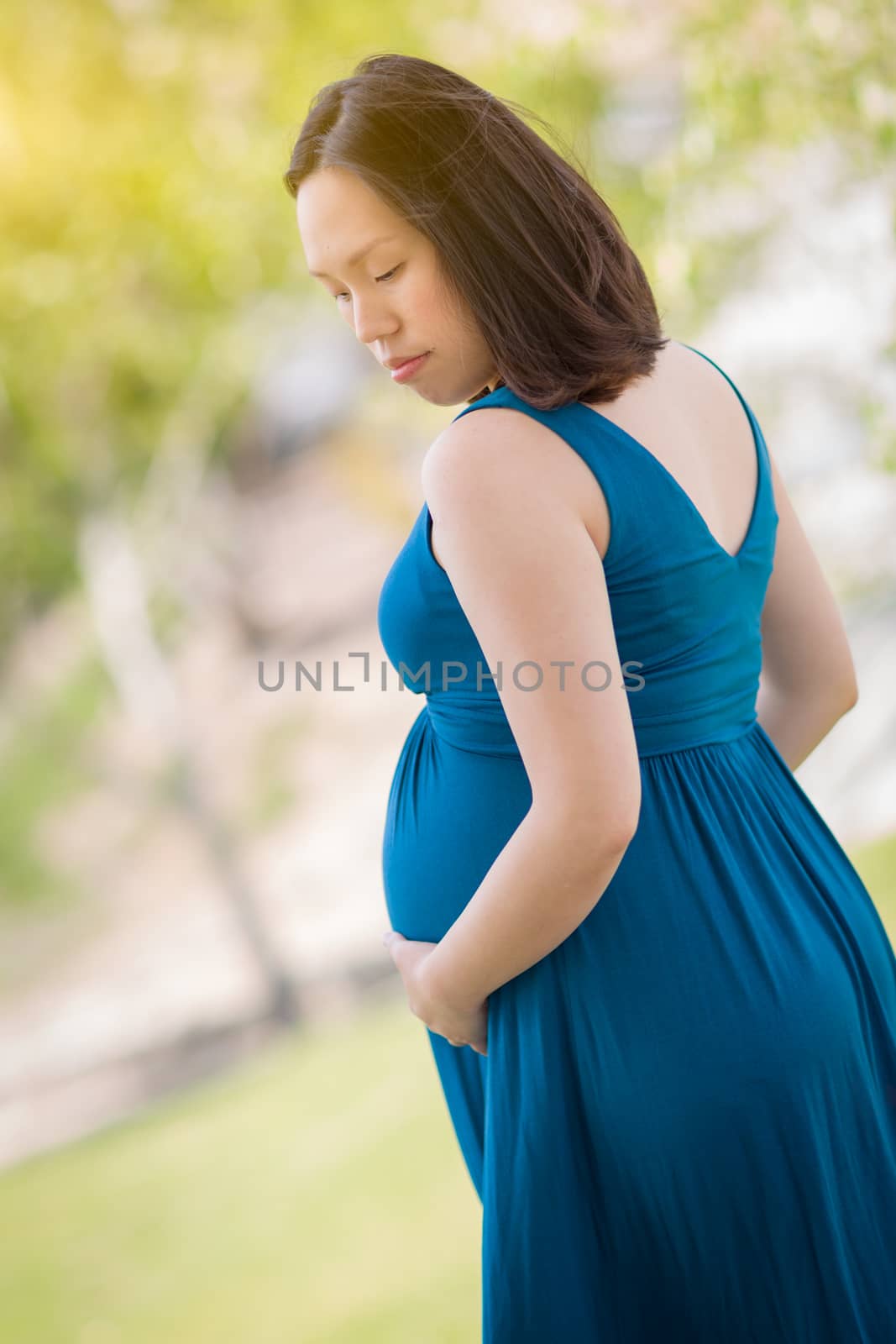 Portrait of Happy Young Pregnant Chinese Woman in the Park.