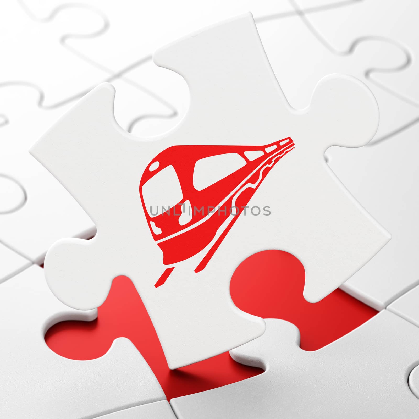 Tourism concept: Train on White puzzle pieces background, 3D rendering