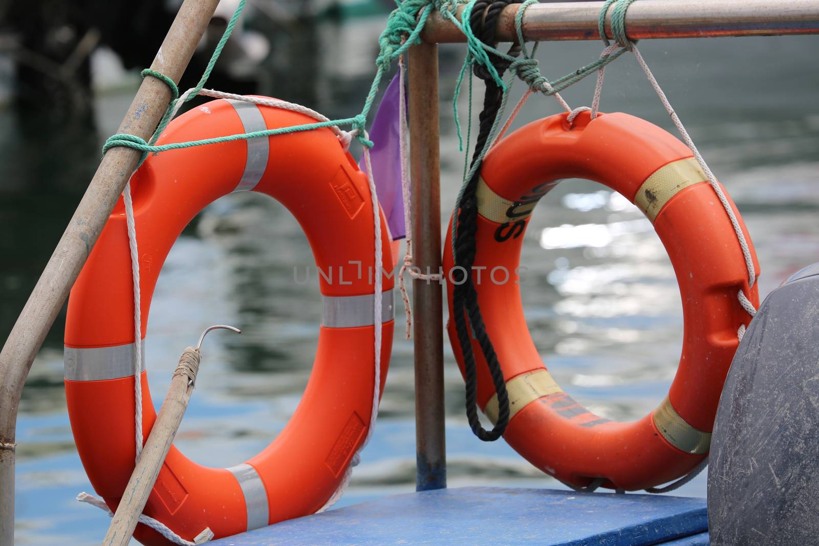 Martigues, France - June 21, 2016: Two Red Life Ring, on a Boat. Martigues Harbor in Provence
