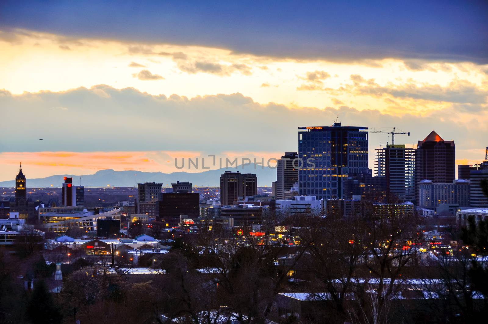 Salt Lake City Skyline at Sunset with blue light