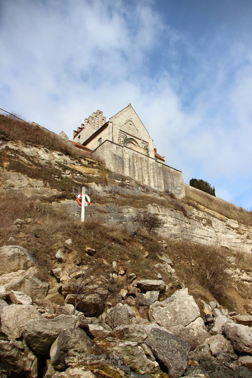 Church at Stevn Klint edge of Cliff with Lifesaver Ring and White Clouds