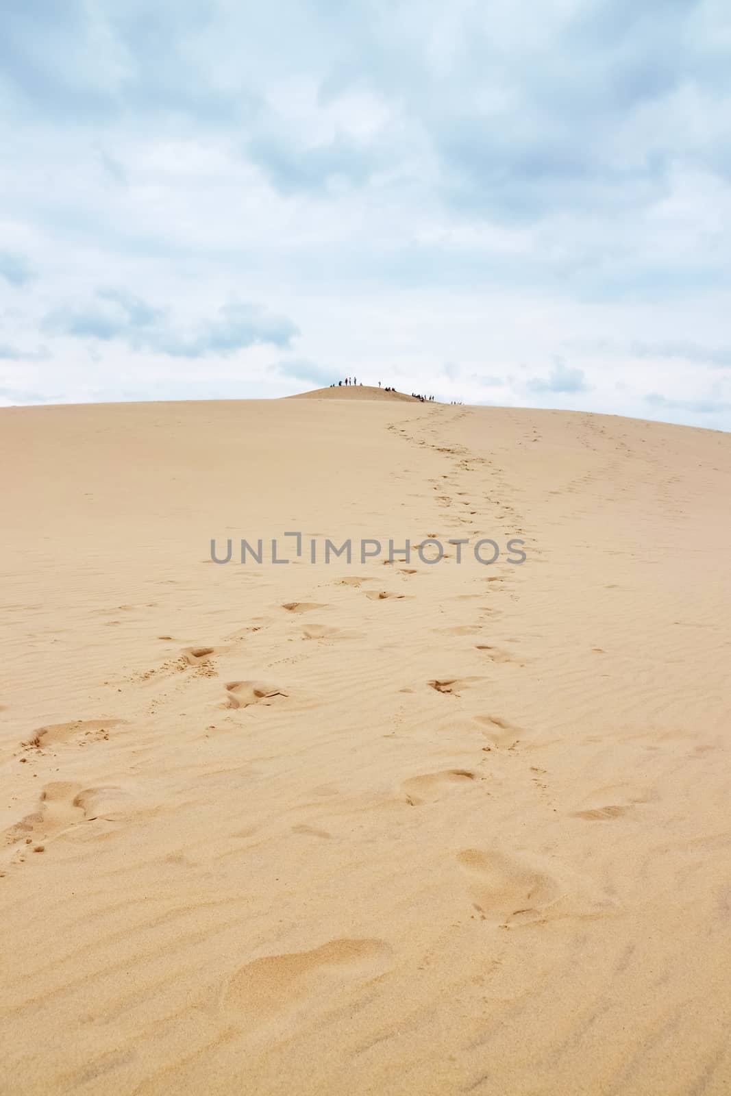 Footsteps leading to the top of Dune of Pilat (Dune du Pilat), the tallest sand dune in Europe located in the Arcachon Bay area, France.