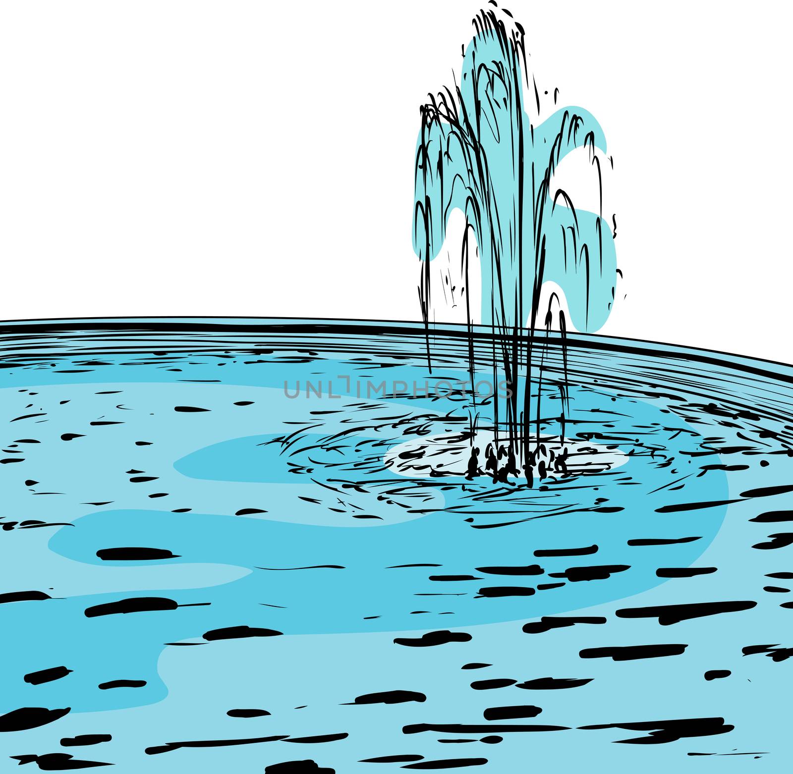 Doodle illustration of water fountain spraying up in round pool