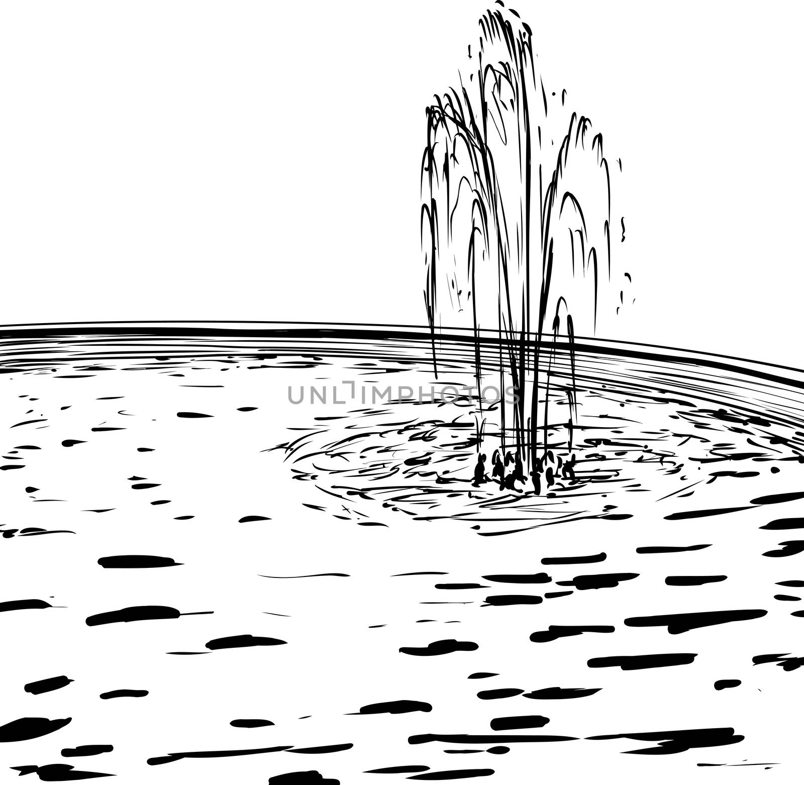 Outlined doodle illustration of water fountain spraying up in round pool